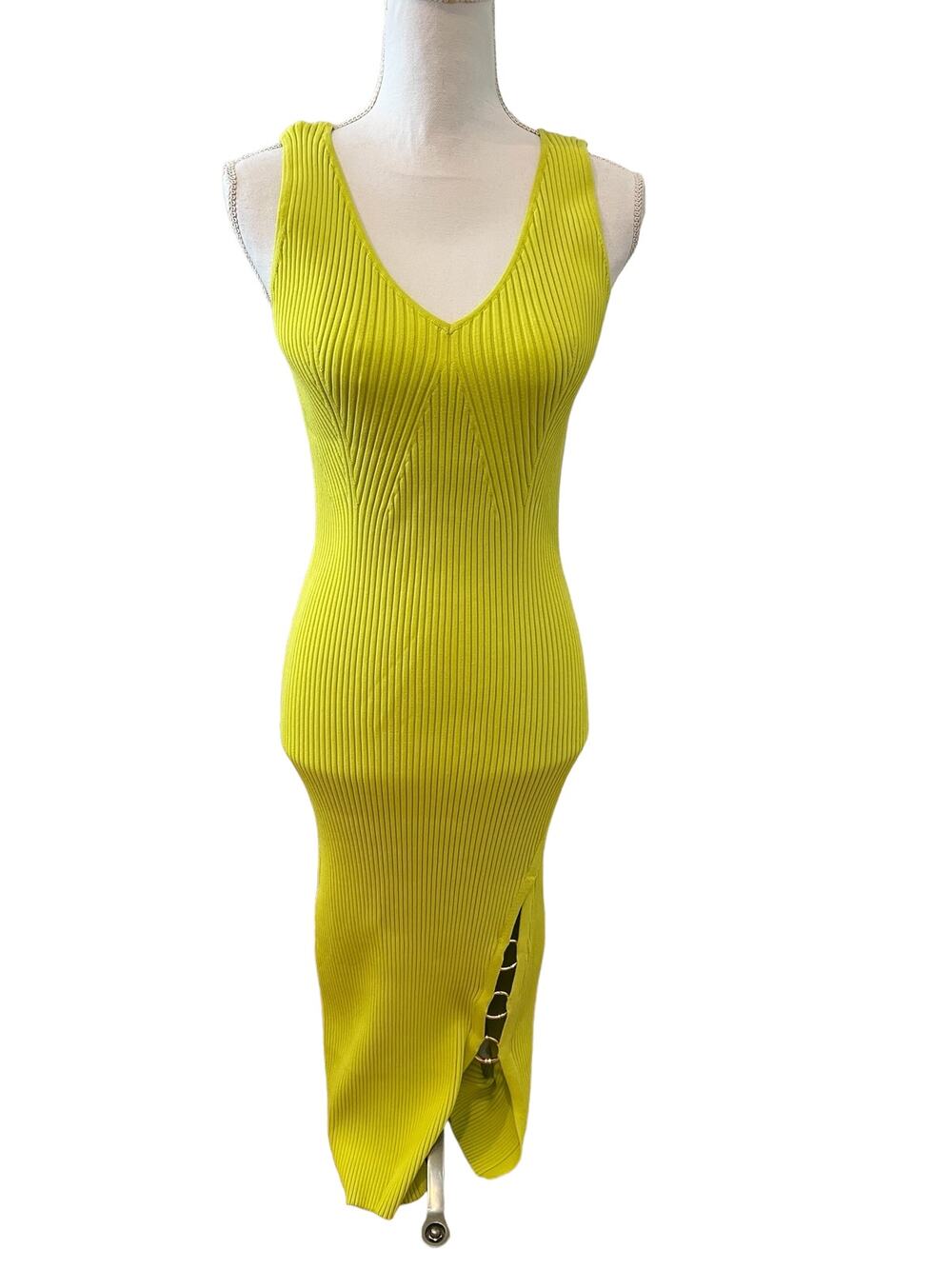 House of Harlow 1960 Ribbed Knit Maxi Dress Side Slit Ring Detail Neon Green M